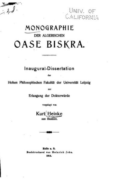 Cover for Kurt Heinke · Monographie der Algerischen Oase Biskra (Paperback Book) (2016)